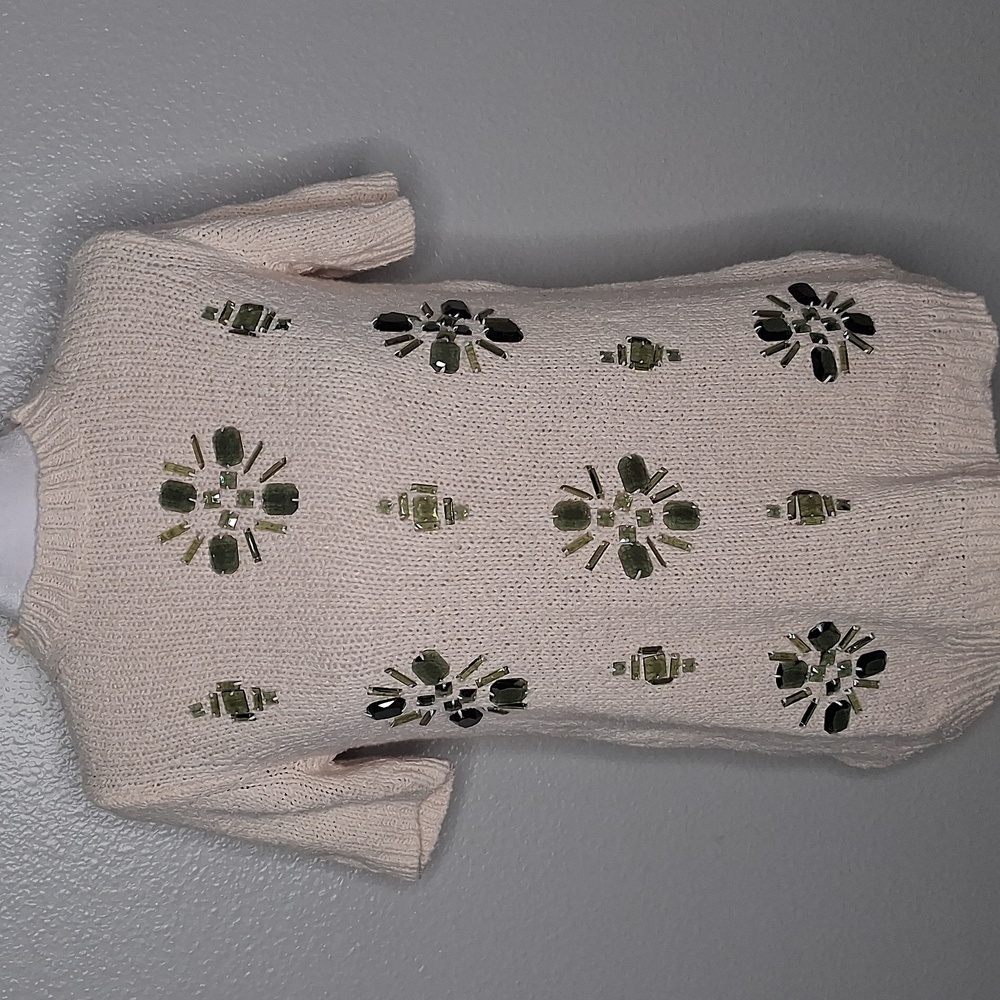 J.Crew Cream Green Jeweled Short Sleeve Medallion Sweatshirt Boho XS